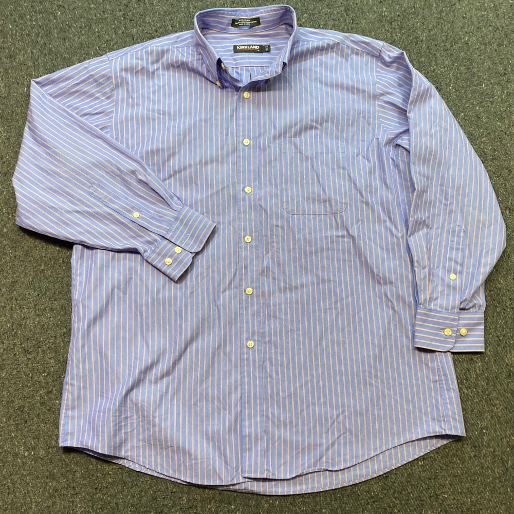 Kirkland Signature Shirt 16.5 Mens Blue Red Stripe Non Iron Office Business Sz L